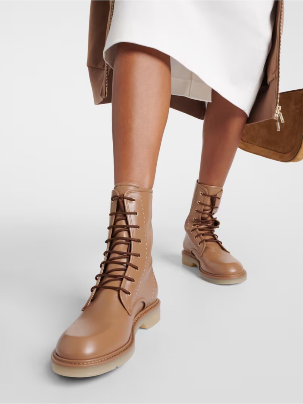 MAXMARA Leather BAKER COMBAT BOOTS $1025 NEW Caramel Lace Up 42 11 12